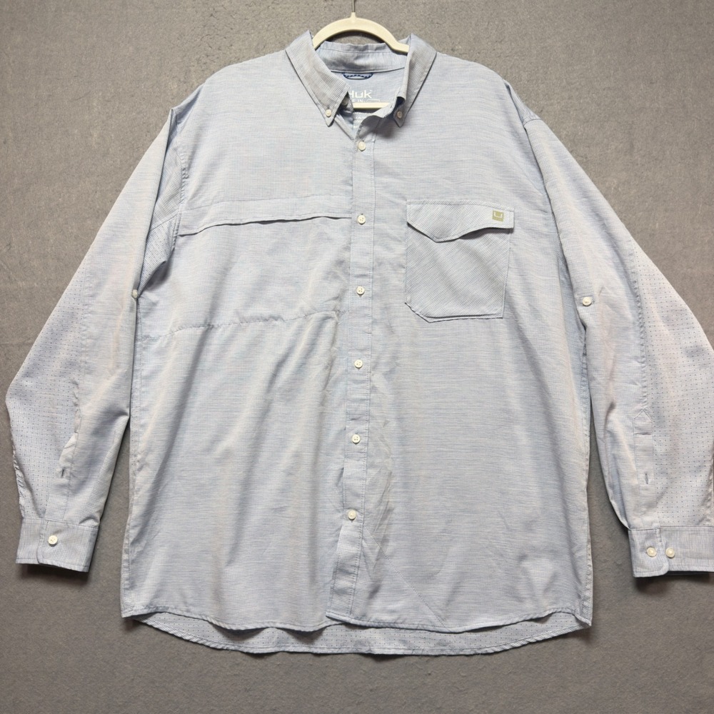Huk Mens XXL Blue Micro Check Long Sleeve Button Up Fishing Shirt Ventilated